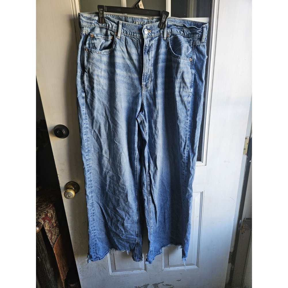 American Eagle Size 18 Long Super High Rise Baggy Wide Leg Distressed Jeans Blue